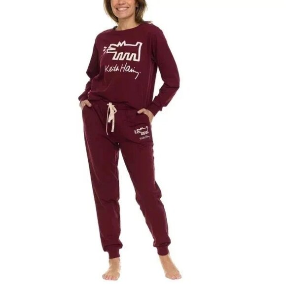 Keith Haring Women's Long Sleeve & Joggers Soft Fleece Lounge Set Red Size S - Picture 1 of 8